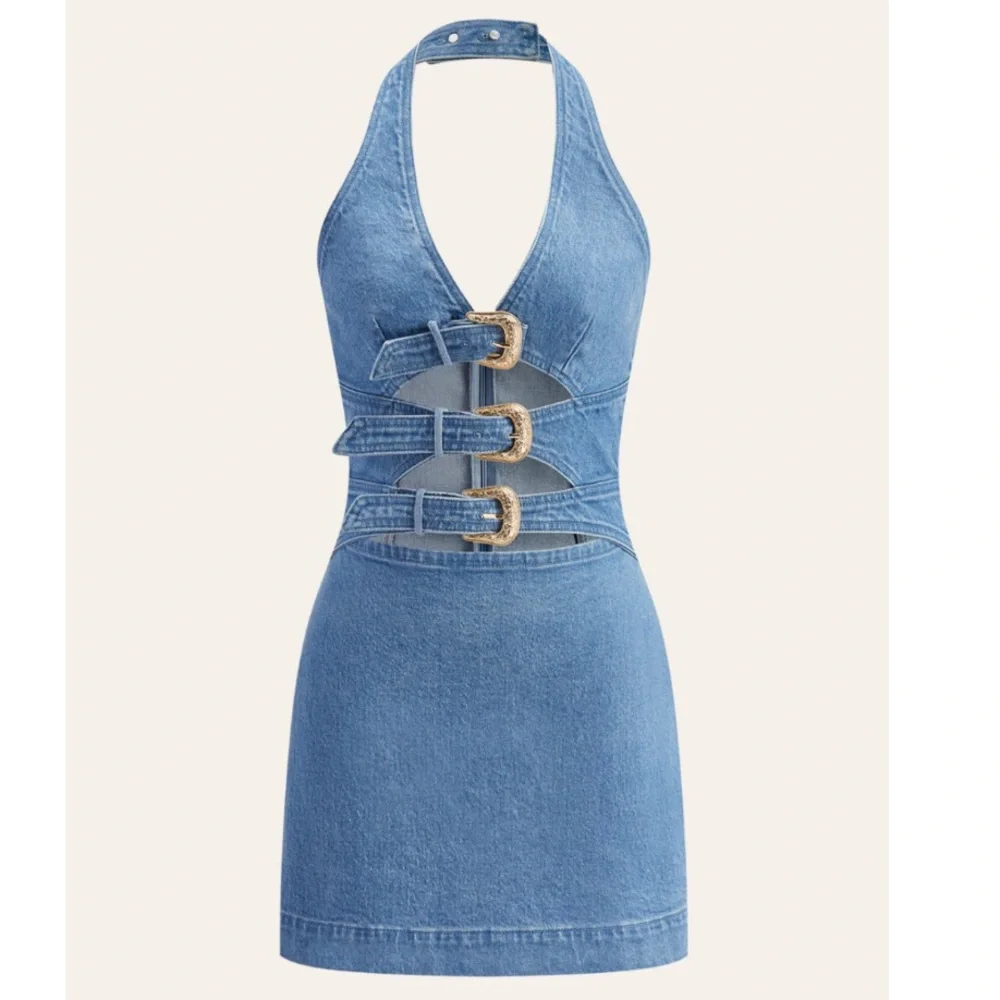 Commense Halter Neck Buckle Detail Denim Dress - Picture 4 of 9
